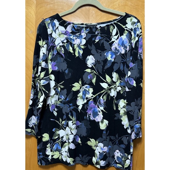 J Jill Wearever Womens Floral Boat Neck 3/4 Sleeve Top Stretchy Black Sz M - Picture 2 of 9